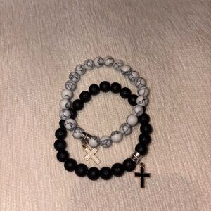 Black and White Beaded Bracelets with Cross Charms